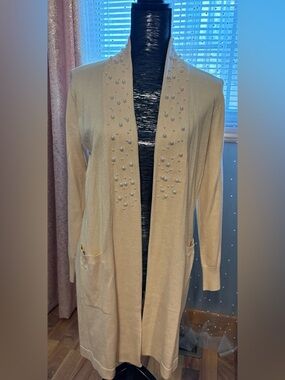 Pearl-Accent Open Front Cardigan - Cream